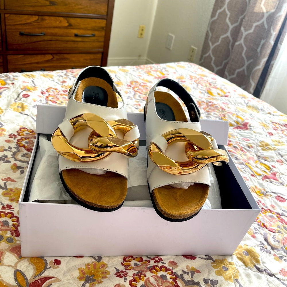 JW ANDERSON White Leather Sandals with Gold Chain Accent